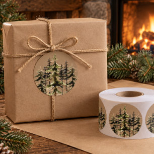 Adesivo Redondo Rustic Kraft Inverno Floresta Abetos Clássico 