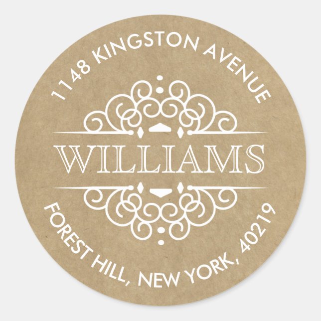 Adesivo Redondo Rustic Kraft Ornamentado Swirls Endereço de devolu (Frente)