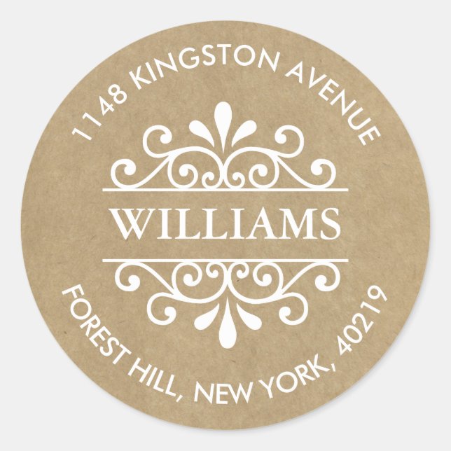 Adesivo Redondo Rustic Kraft Ornamentado Swirls Endereço de devolu (Frente)
