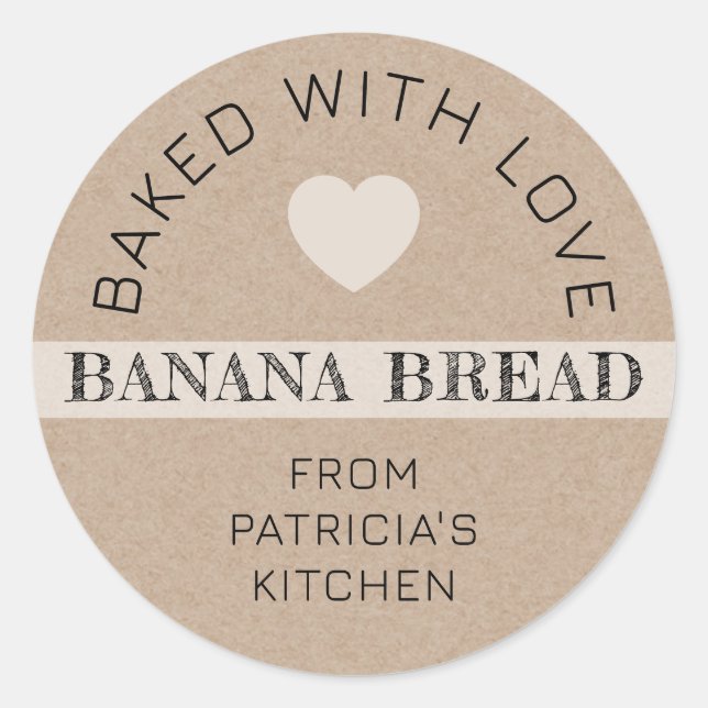 Adesivo Redondo Rustic Kraft Paper Baked With Love Banana Bread (Frente)
