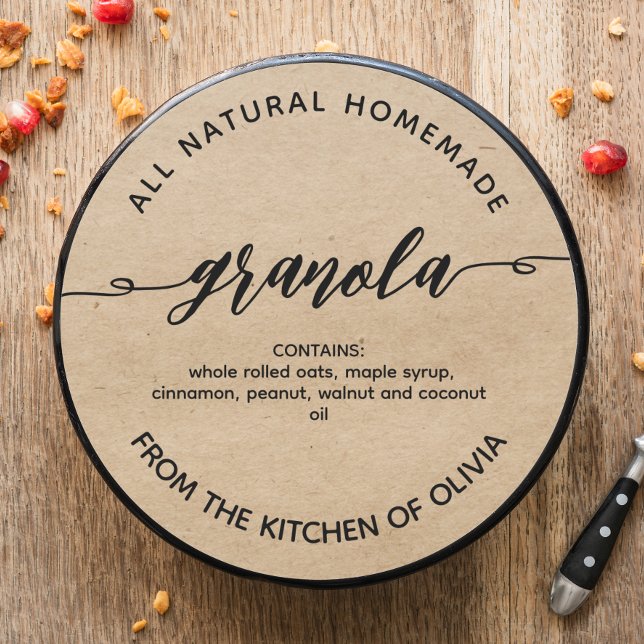 Adesivo Redondo Rustic kraft Script Homemade Granola Label (Criador carregado)