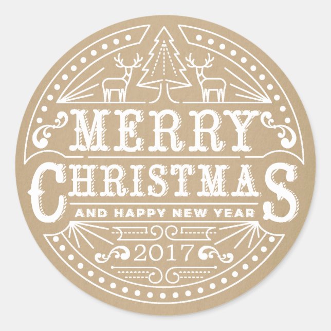 Adesivo Redondo Rustic Kraft Typografia Merry Christmas Sticker (Frente)