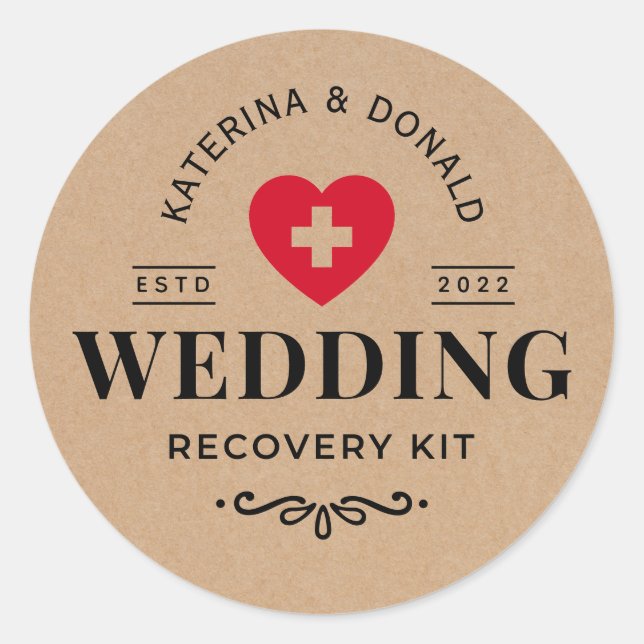 Adesivo Redondo Rustic Kraft Wedding Hangover Recovery Kit Classif (Frente)