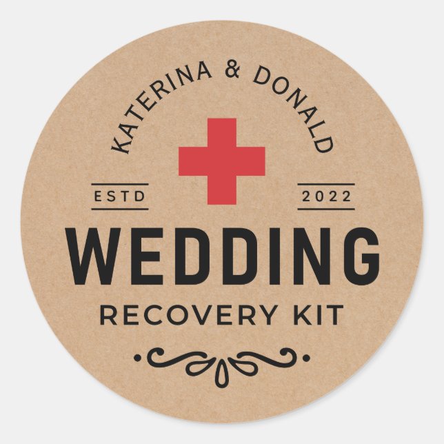 Adesivo Redondo Rustic Kraft Wedding Hangover Recovery Kit Classif (Frente)