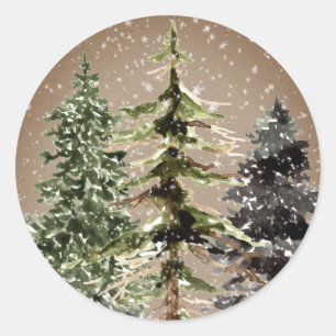 Adesivo Redondo Rustic Kraft Winter Woodland Snowy Spruce Trees