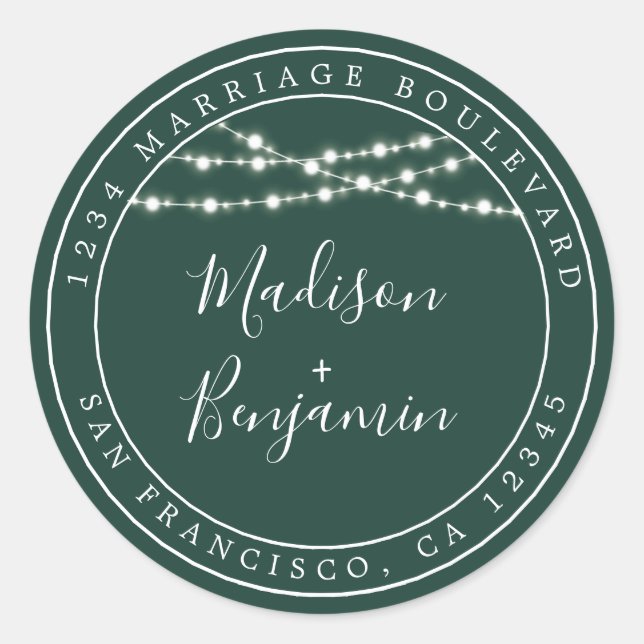 Adesivo Redondo Rustic Lights Dark Green Wedding Endereço de Devol (Frente)