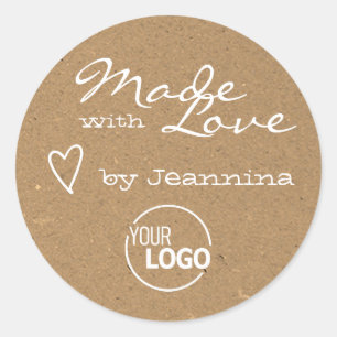 Adesivo Redondo Rustic Made with Love Heart Symbol Kraft Paper