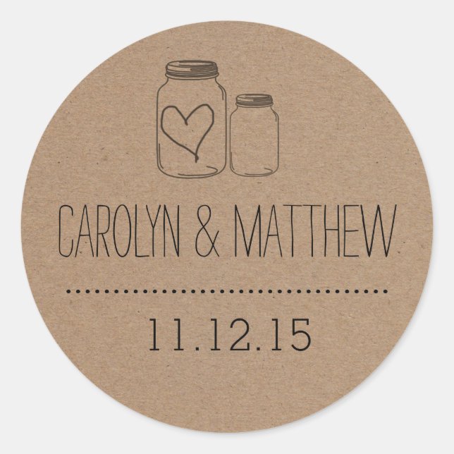 Adesivo Redondo Rustic Mason Jar| Heart Weding Favor Sticker (Frente)