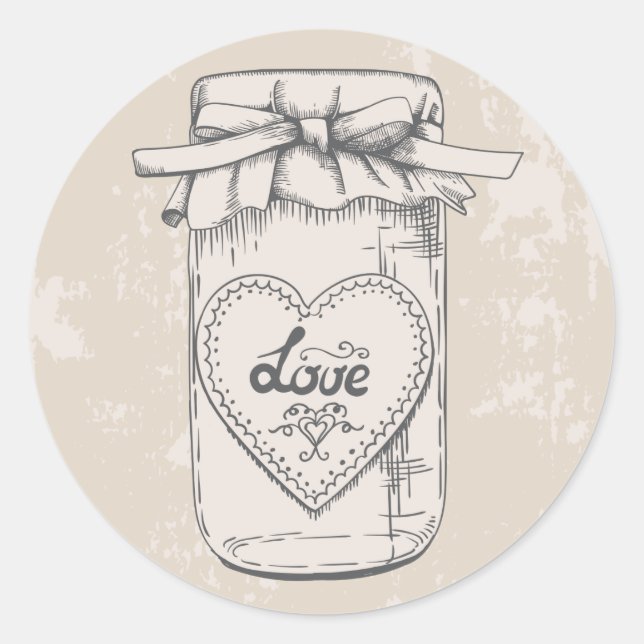 Adesivo Redondo Rustic Mason Jar Love Hearts Tan Wedding (Frente)