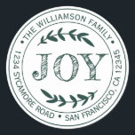 Adesivo Redondo Rustic Modern Christmas Joy Return Address Green<br><div class="desc">O adesivo de endereço redondo da família natalícia com seu nome e endereço na tipografia na moda verde-escura apresenta o texto JOY na tipografia escrita à mão com um toque na moda de folhagem rústica. Basta adicionar seu nome e endereço. Desenvolvido exclusivamente para você pelo Happy Dolphin Studio. Se precisar...</div>