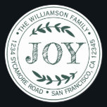 Adesivo Redondo Rustic Modern Christmas Joy Return Address Green<br><div class="desc">O adesivo de endereço redondo da família natalícia com seu nome e endereço na tipografia na moda verde-escura apresenta o texto JOY na tipografia escrita à mão com um toque na moda de folhagem rústica. Basta adicionar seu nome e endereço. Desenvolvido exclusivamente para você pelo Happy Dolphin Studio. Se precisar...</div>