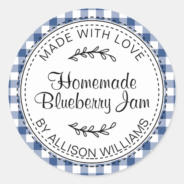 Adesivo Redondo Rustic Modern Homemade Blueberry Jam Blue Check (Frente)