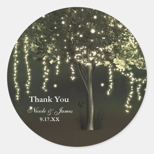 Adesivo Redondo Rustic Mossy Lighted Tree Weding Favor Stickers (Frente)