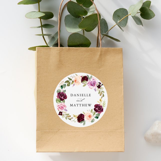 Adesivo Redondo Rustic Pink Burgundy e Purple Floral Weds (Criador carregado)