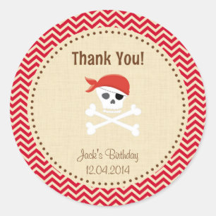 Adesivo Redondo Rustic Pirate Birthday Obrigado Sticker Red