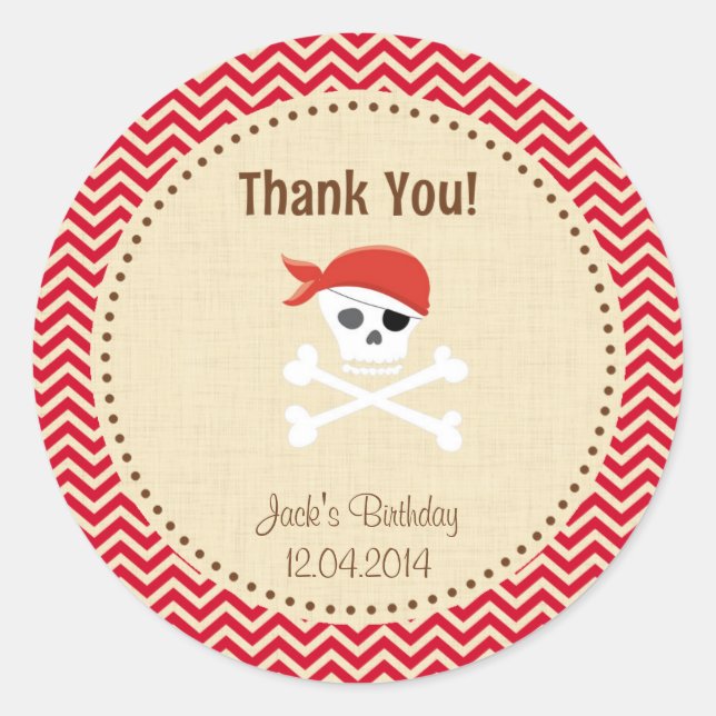 Adesivo Redondo Rustic Pirate Birthday Obrigado Sticker Red (Frente)
