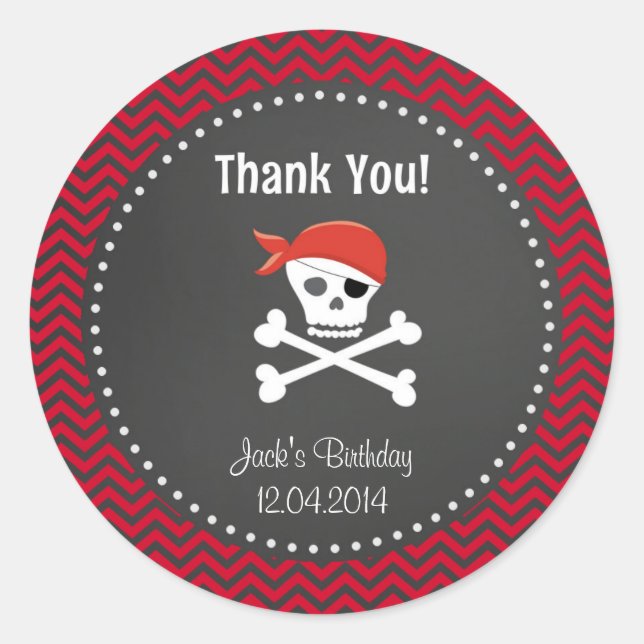Adesivo Redondo Rustic Pirate Birthday Obrigado Sticker Red (Frente)