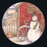 Adesivo Redondo Rustic Potting Shed Christmas Snowman<br><div class="desc">Rustic Potting Shed Christmas Snowman</div>