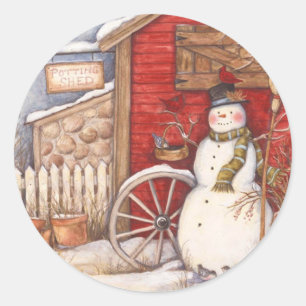 Adesivo Redondo Rustic Potting Shed Christmas Snowman