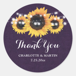 Adesivo Redondo Rustic Purple Burlap Sunflower Weding Favor