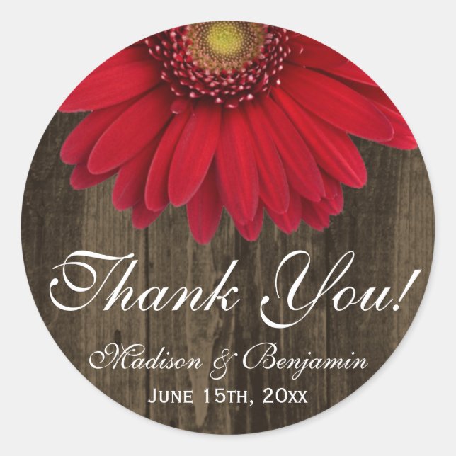 Adesivo Redondo Rustic Red Gerber Daisy Weding Obrigado Sticker (Frente)