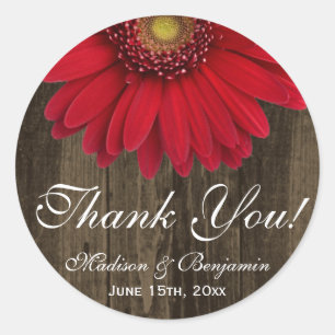 Adesivo Redondo Rustic Red Gerber Daisy Weding Obrigado Sticker