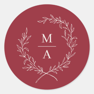 Adesivo Redondo Rustic Red Simple Elegante Laurel Wreath Monograma