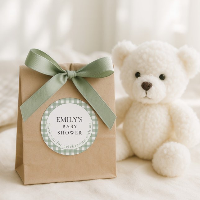 Adesivo Redondo Rustic Sage Gingham Obrigado Chá de fraldas (Criador carregado)