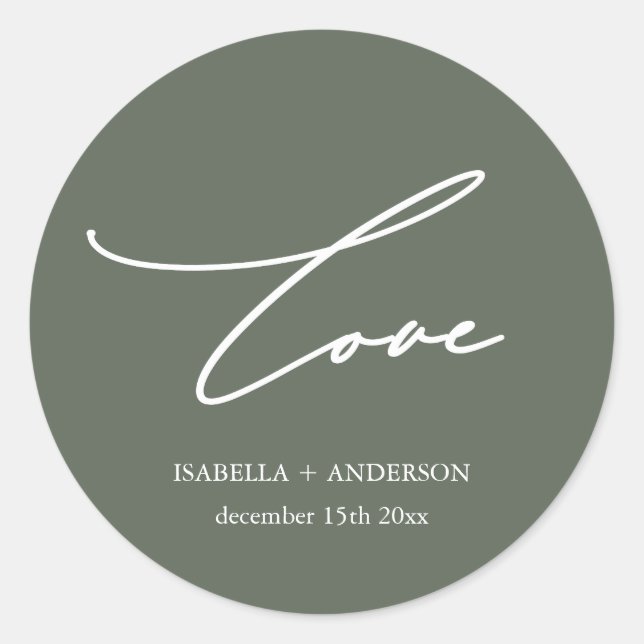 Adesivo Redondo Rustic Sage Green Love Script com Nome Wedding (Frente)