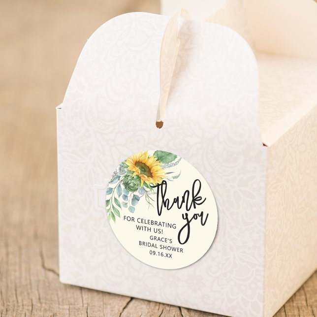 Adesivo Redondo Rustic Sunflower Eucalyptus Greenerescer Obrigado (Rustic Sunflower Eucalyptus Greenery Thank You Classic Round Sticker)