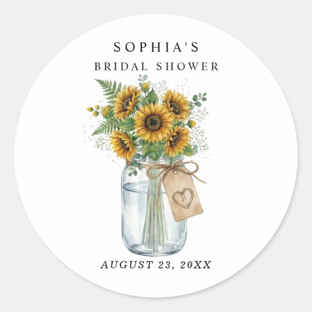 Adesivo Redondo Rustic Sunflower Mason Jar Bridal Shower  (Frente)