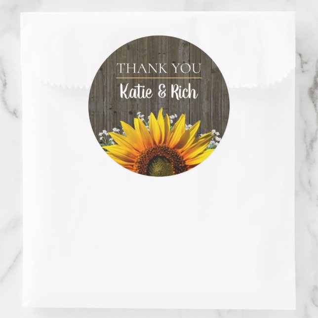 Adesivo Redondo Rustic Sunflower Obrigado Casamento (Bolsa)