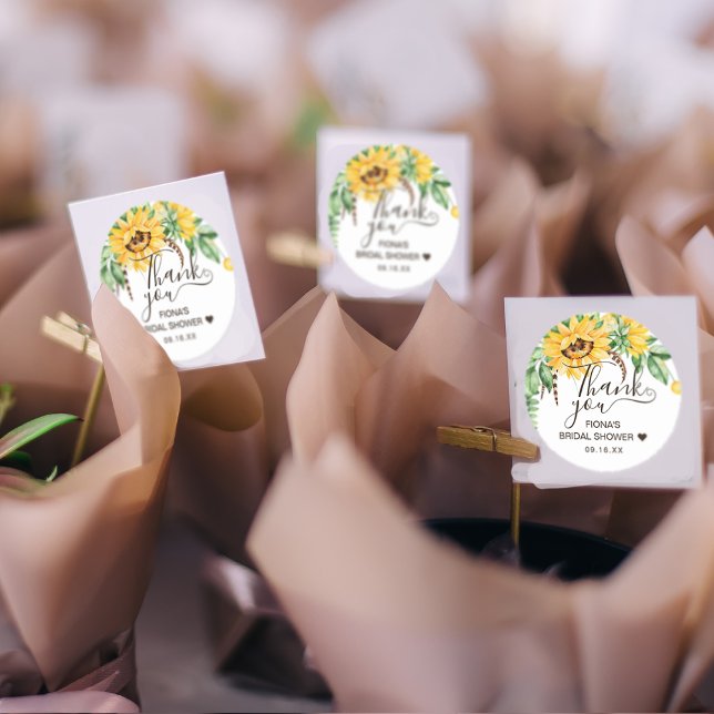 Adesivo Redondo Rustic Sunflower Script Obrigado Chá de panela (Criador carregado)
