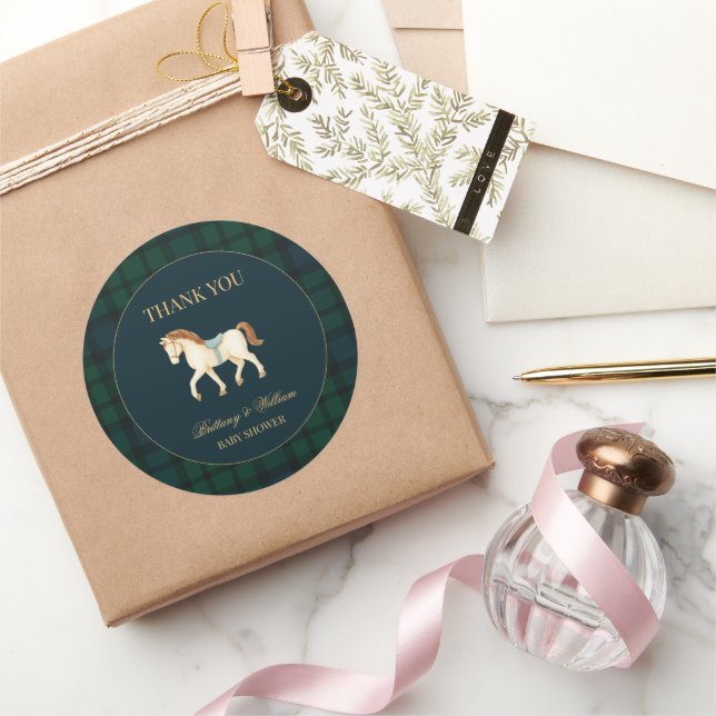Adesivo Redondo Rustic Tartan Plaid Horse Baby Shower  (Presentear)