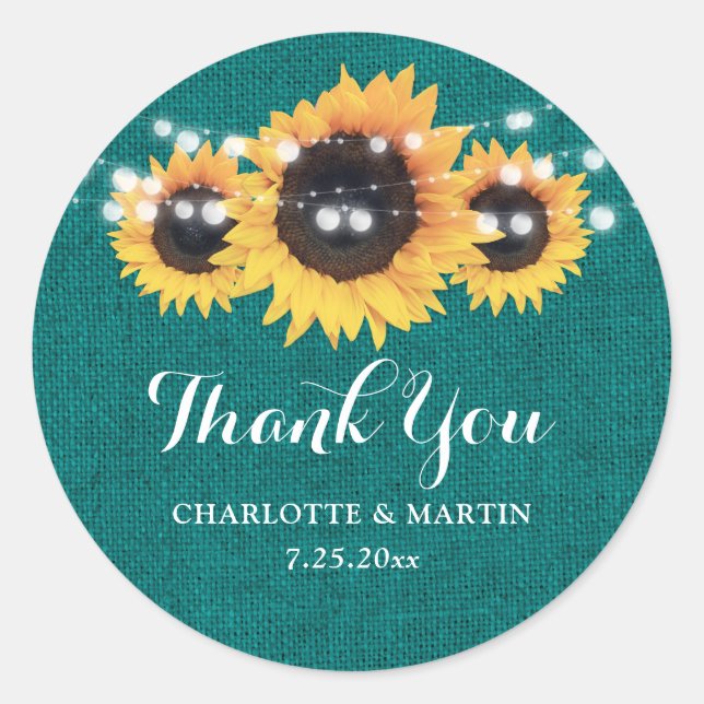 Adesivo Redondo Rustic Teal Burlap Sunflower Weding Favor (Frente)