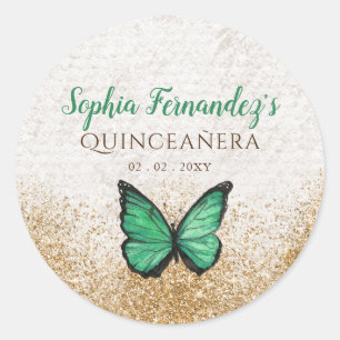 Adesivo Redondo Rustic Vintage Emerald Green Borboleta Dourada