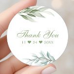 Adesivo Redondo Rustic Watercolor Greenery Floral Obrigado<br><div class="desc">Rustic Watercolor Greenery Floral Agradeço A Clássica Palheta Redonda. Este simples e elegante design botânico apresenta as folhas do estilo aquarela eucalipto em tons de verde e branco.</div>