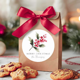 Adesivo Redondo Rustic Watercolor Holly Berry Christmas