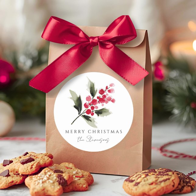 Adesivo Redondo Rustic Watercolor Holly Berry Christmas (Criador carregado)