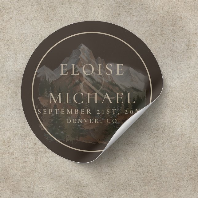 Adesivo Redondo Rustic Watercolor Mountain Landscape Wedding (Rustic Watercolor Mountain Landscape Wedding Classic Round Sticker)