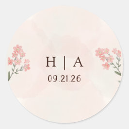 Adesivo Redondo Rustic Watercolor Peach and Green Minimal Wedding