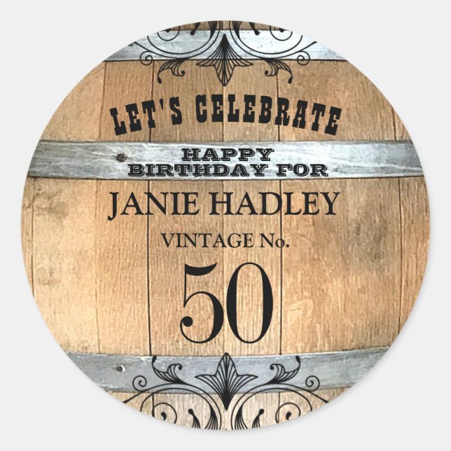 Adesivo Redondo Rustic Whiskey Barrel 50th Birthday Sticker (Frente)