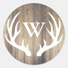 Adesivo Redondo Rustic White Deer Antlers Barn Wood | Monogram