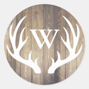 Adesivo Redondo Rustic White Deer Antlers Barn Wood   Monogram
