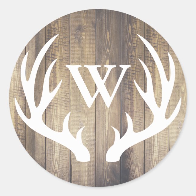 Adesivo Redondo Rustic White Deer Antlers Barn Wood | Monogram (Frente)