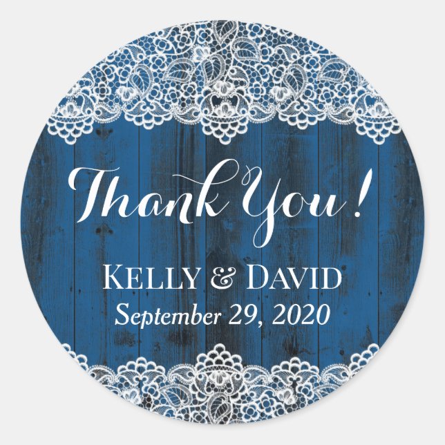 Adesivo Redondo Rustic White Lace Blue Barn Wood Casamento Favor (Frente)