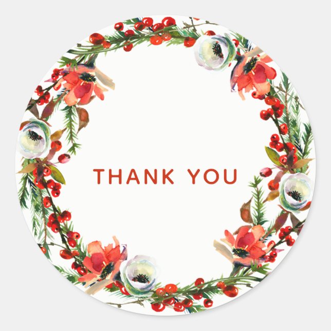 Adesivo Redondo Rustic Winter Floral Berries Wreath Modern Favor (Frente)