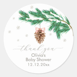 Adesivo Redondo Rustic Winter Snowflake Pine cone Baby Shower 