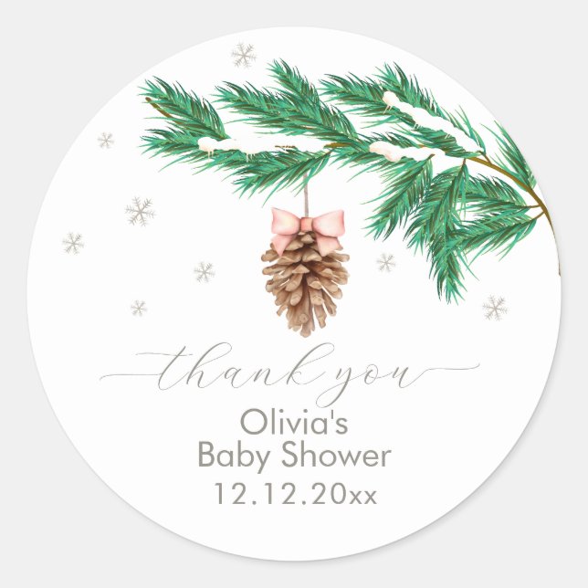 Adesivo Redondo Rustic Winter Snowflake Pine cone Baby Shower  (Frente)