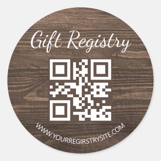 Adesivo Redondo rustic wood gift registry qr code baby shower (Frente)